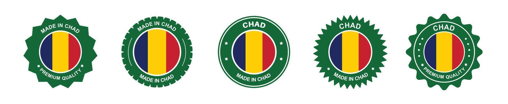 Chad product label set. Chad flag, premium made in Chad. Labels, seals, stamps, flags, icons. vector