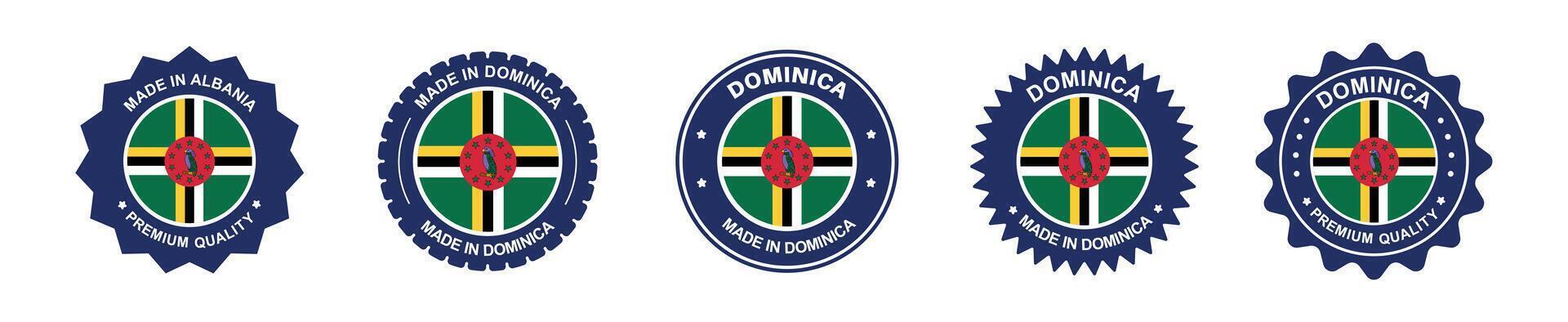 dominica product label set. dominica flag, premium made in dominica . Labels, seals, stamps, flags, icons vector