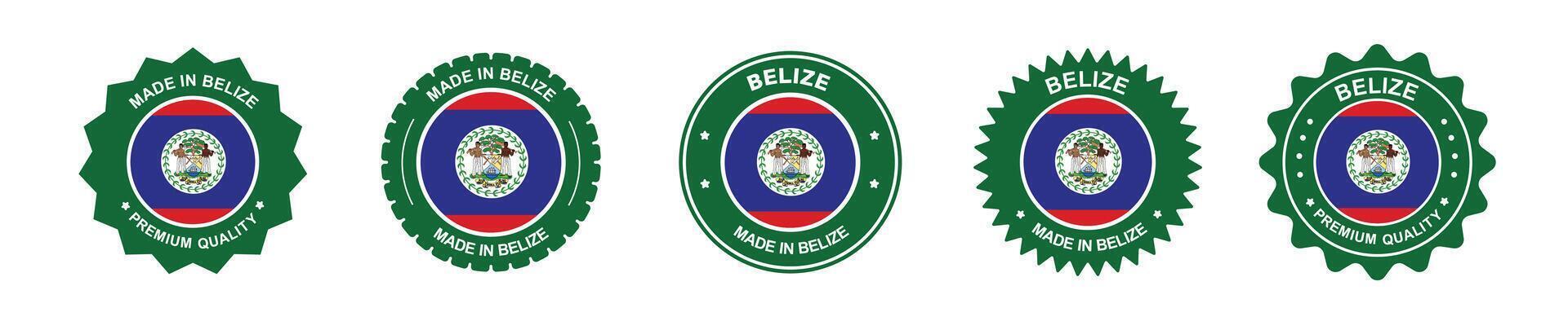 Belize product label set. Belize flag, premium made in Belize. Labels, seals, stamps, flags, icons. vector