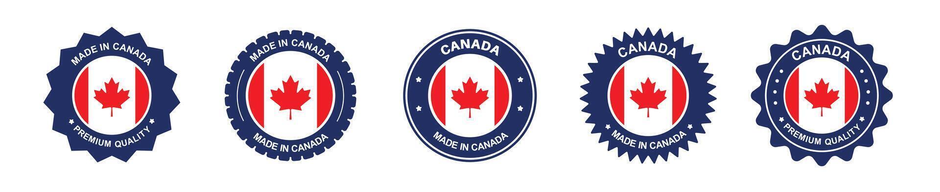 Canada product label set. Canadian flag, premium made in Canada. Labels, seals, stamps, flags, icons vector