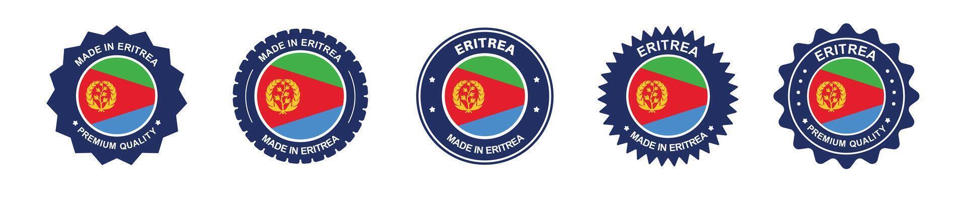 eritrea product label set. eritrea guinea flag, premium made in equatorial eritrea . Labels, seals, stamps, flags, icons vector