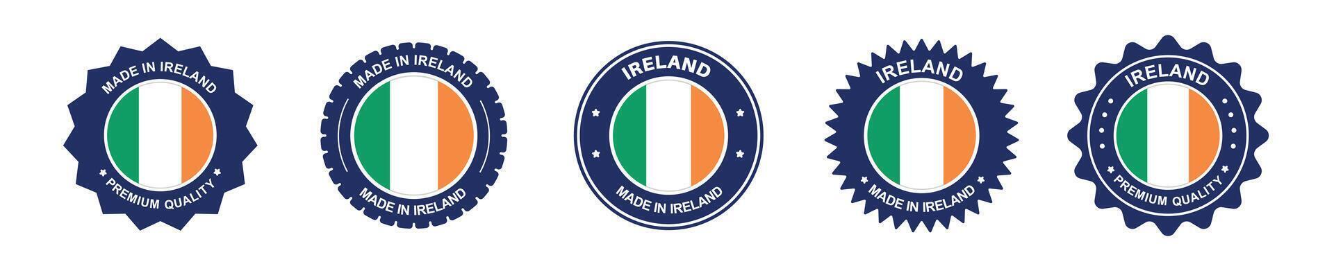 ireland product label set. ireland flag, premium made in ireland . Labels, seals, stamps, flags, icons vector