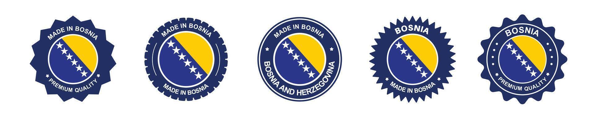 Bosnian product label set. Bosnia and Herzegovina flag, premium made in Bosnia. Labels, seals, stamps, flags, icons. vector