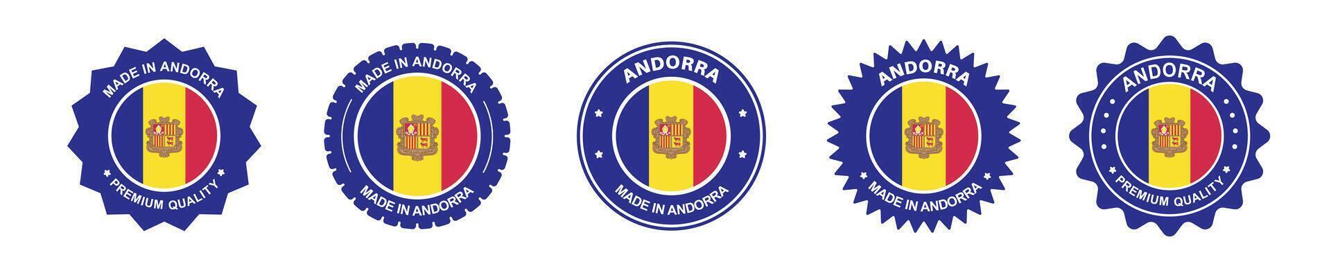 Andorra product label set. Andorra flag, premium made in Andorra. Labels, seals, stamps, flags, icons vector