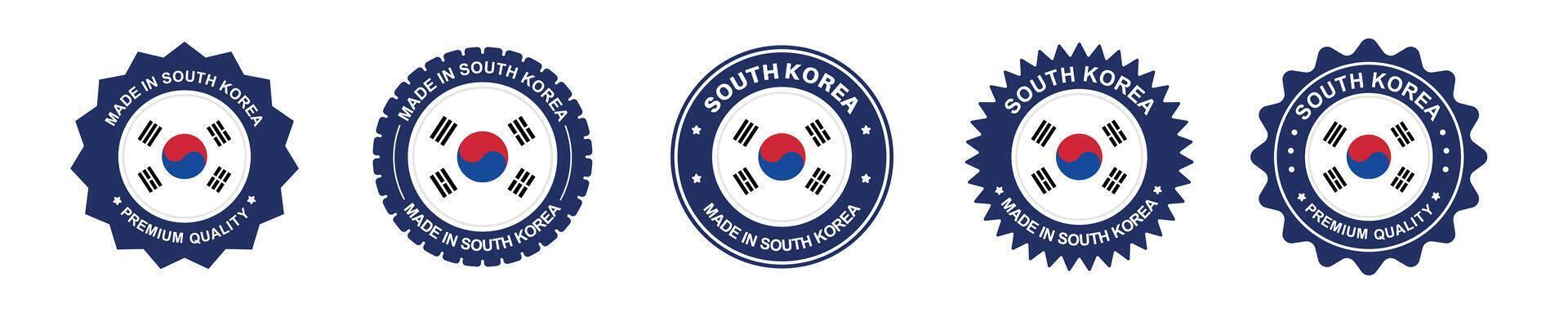 south korea product label set. south korea flag, premium made in south korea. Labels, seals, stamps, flags, icons vector