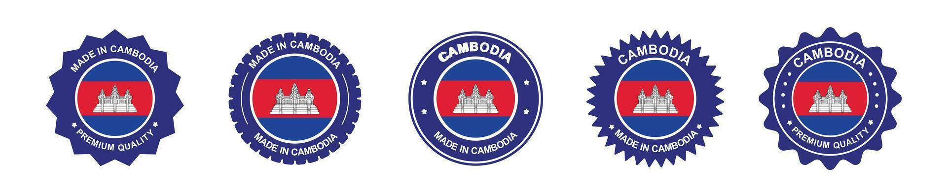 Cambodia product label set. Cambodia flag, premium made in Cambodia. Labels, seals, stamps, flags, icons vector