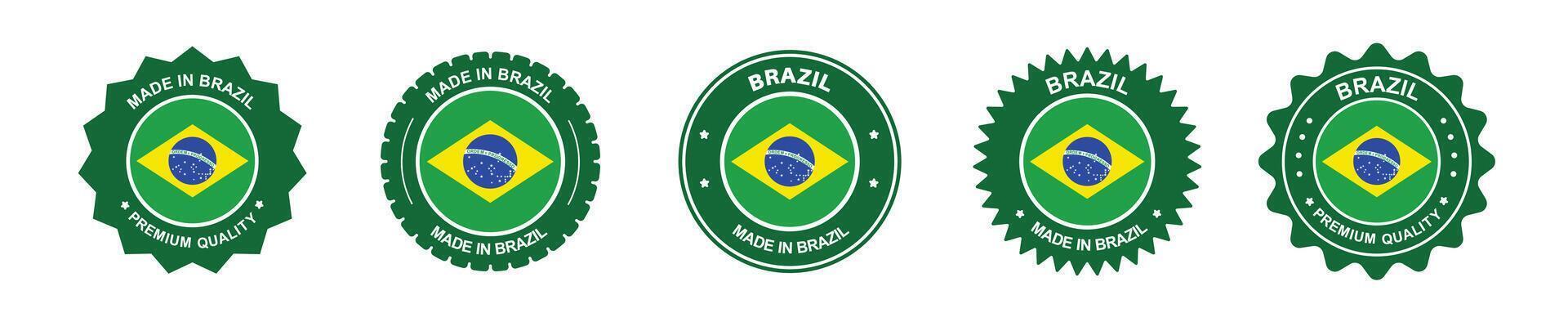 Brazil product label set. Brazil flag, premium made in Brazil. Labels, seals, stamps, flags, icons vector