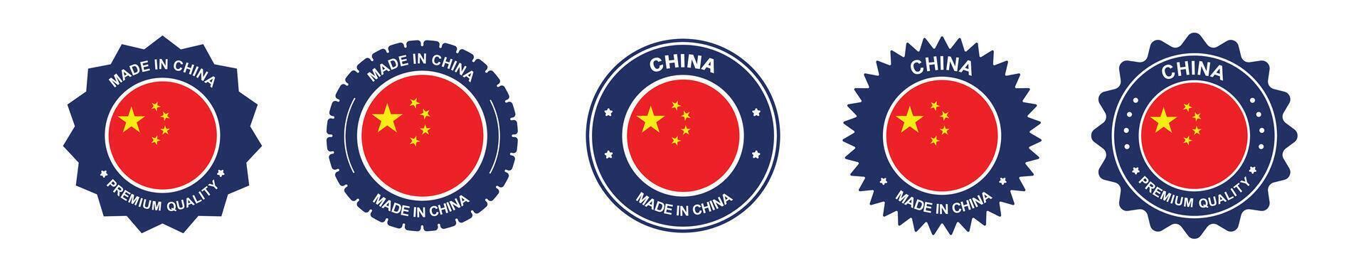 China product label set. China flag, premium made in China. Labels, seals, stamps, flags, icons vector