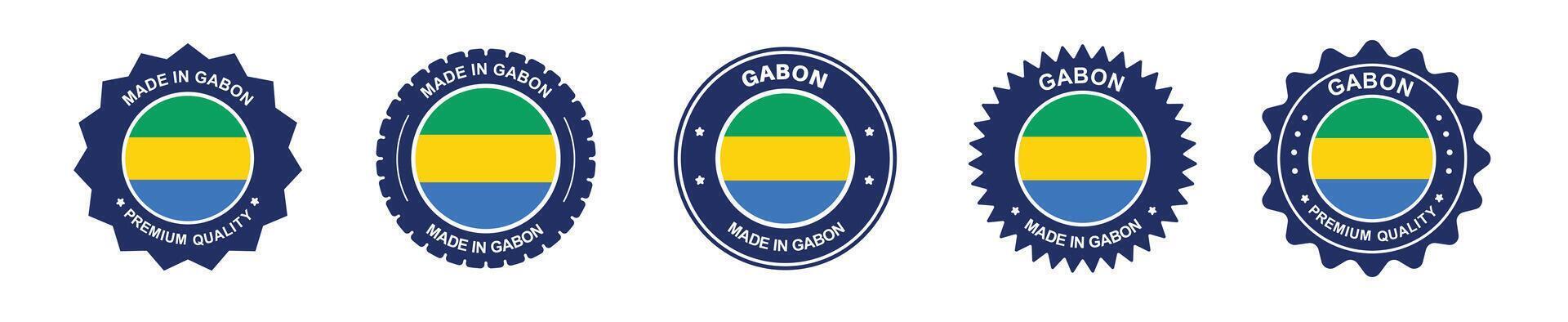 Gabon product label set. Gabon flag, premium made in Gabon . Labels, seals, stamps, flags, icons vector