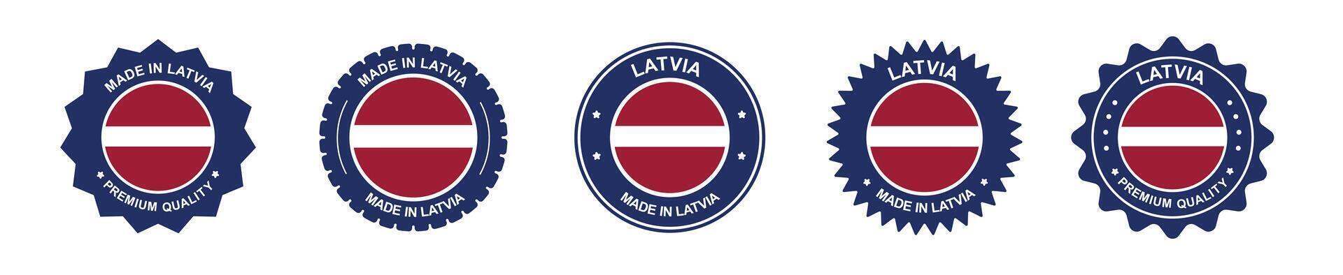 Latvia product labels set. latvia flag, premium made in latvia . Labels, seals, stamps, flags, icons vector
