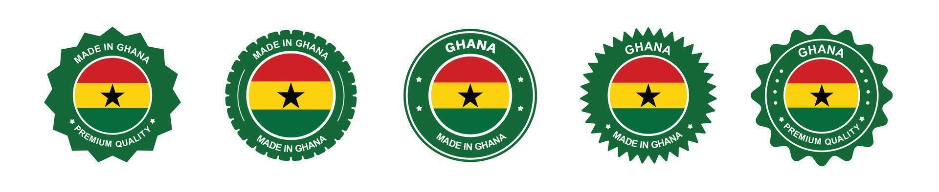 ghana product label set. ghana flag, premium made in ghana . Labels, seals, stamps, flags, icons vector