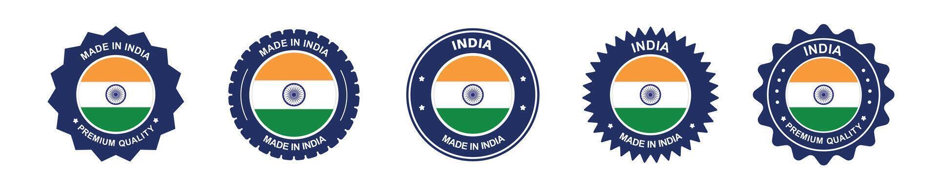 india product label set. india flag, premium made in india . Labels, seals, stamps, flags, icons vector
