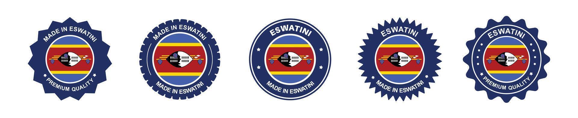 eswatini product label set. eswatini flag, premium made in eswatini . Labels, seals, stamps, flags, icons vector
