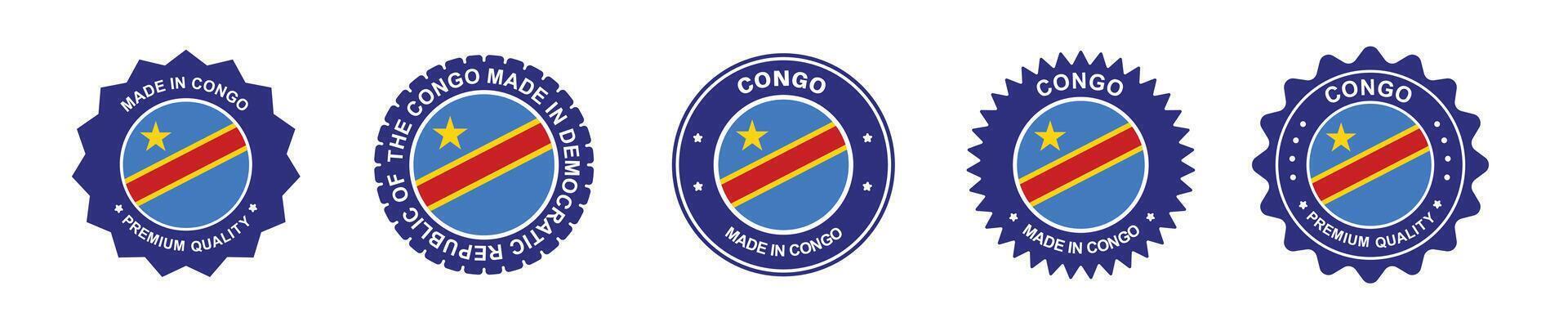Democratic republic of the congo product label set. congo flag, premium made in congo . Labels, seals, stamps, flags, icons vector