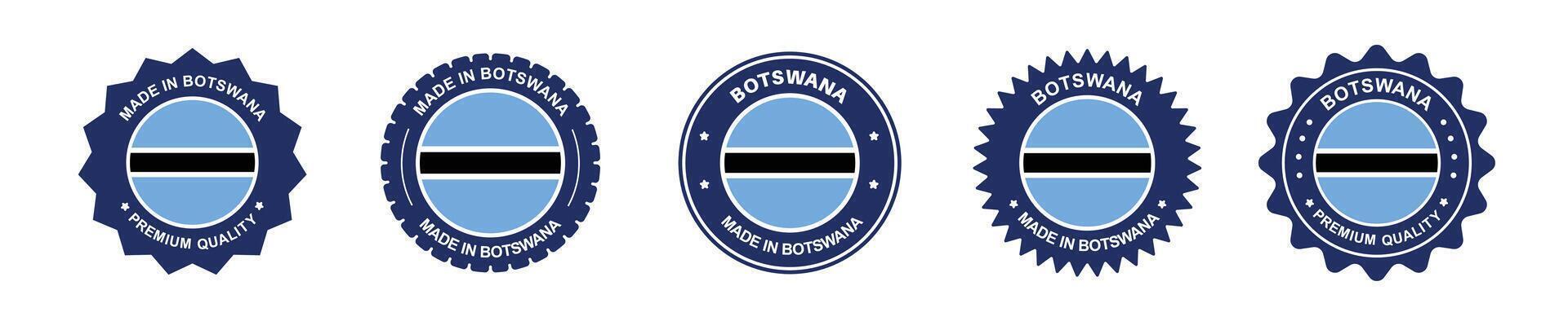 Botswana product label set. Botswana flag, premium made in Botswana. Labels, seals, stamps, flags, icons vector