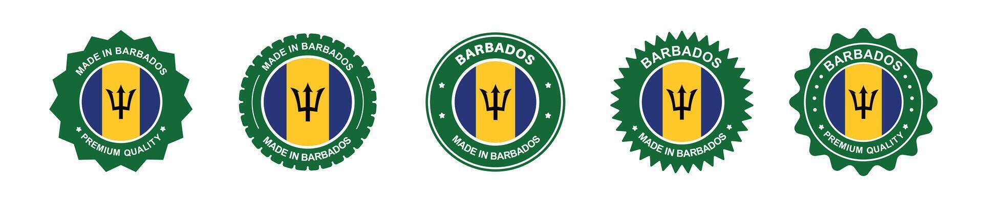 Barbados product label set. Barbados flag, premium made in Barbados. Labels, seals, stamps, flags, icons vector