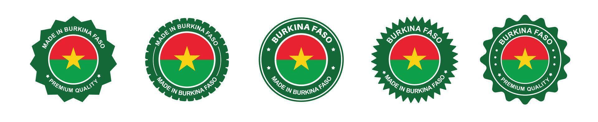 Burkina Faso product label set. Burkina Faso flag, premium made in Burkina Faso. Labels, seals, stamps, flags, icons vector
