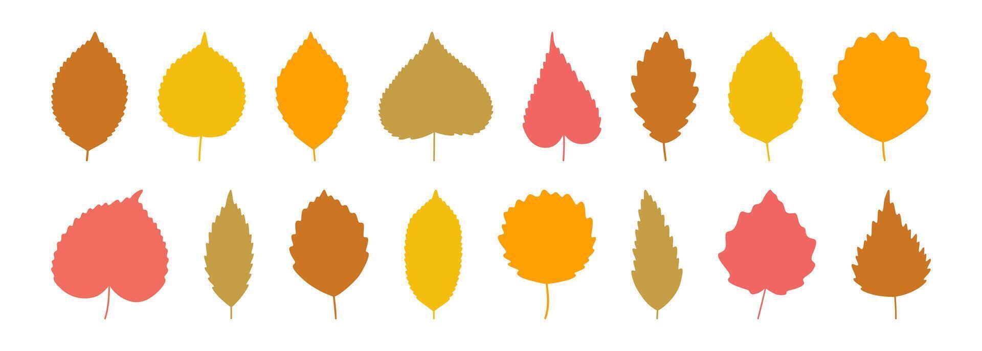 Set of simple autumn yellow, red, orange, brown leaves isolated on white background. Silhouette icons of flat leaves, illustration vector