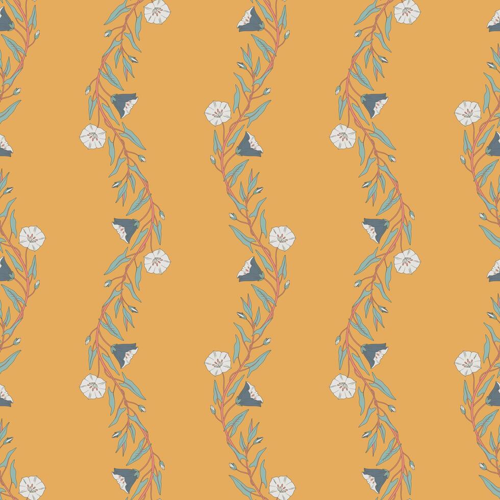 Seamless pattern, flowers and leaves of convolvulus plant. Template with morning glory wildflowers for fashion prints. Yellow background, illustration vector