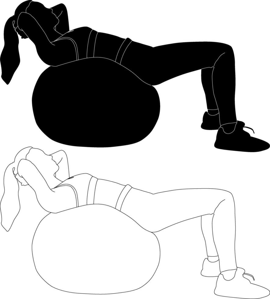 Silhouette and Outline Woman Exercising with Stability Ball vector