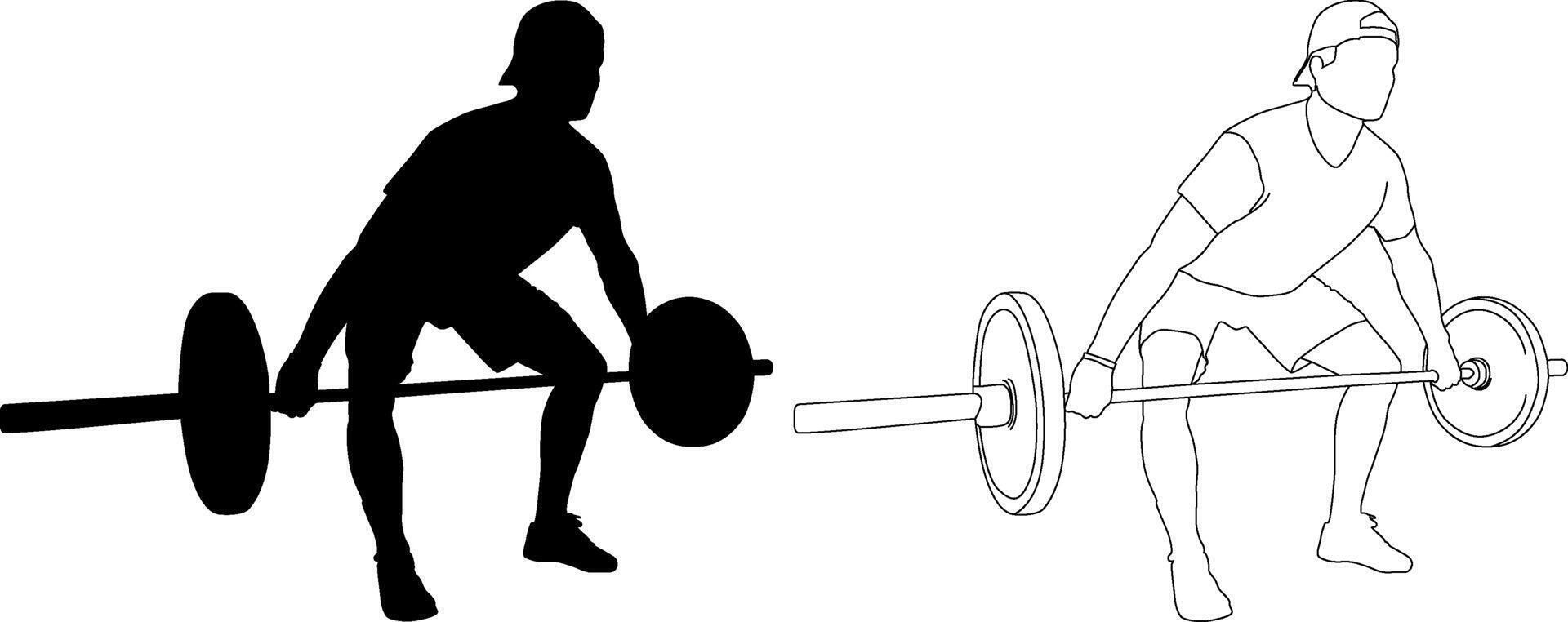 Weightlifter in Deadlift Position Silhouette and Line Art vector