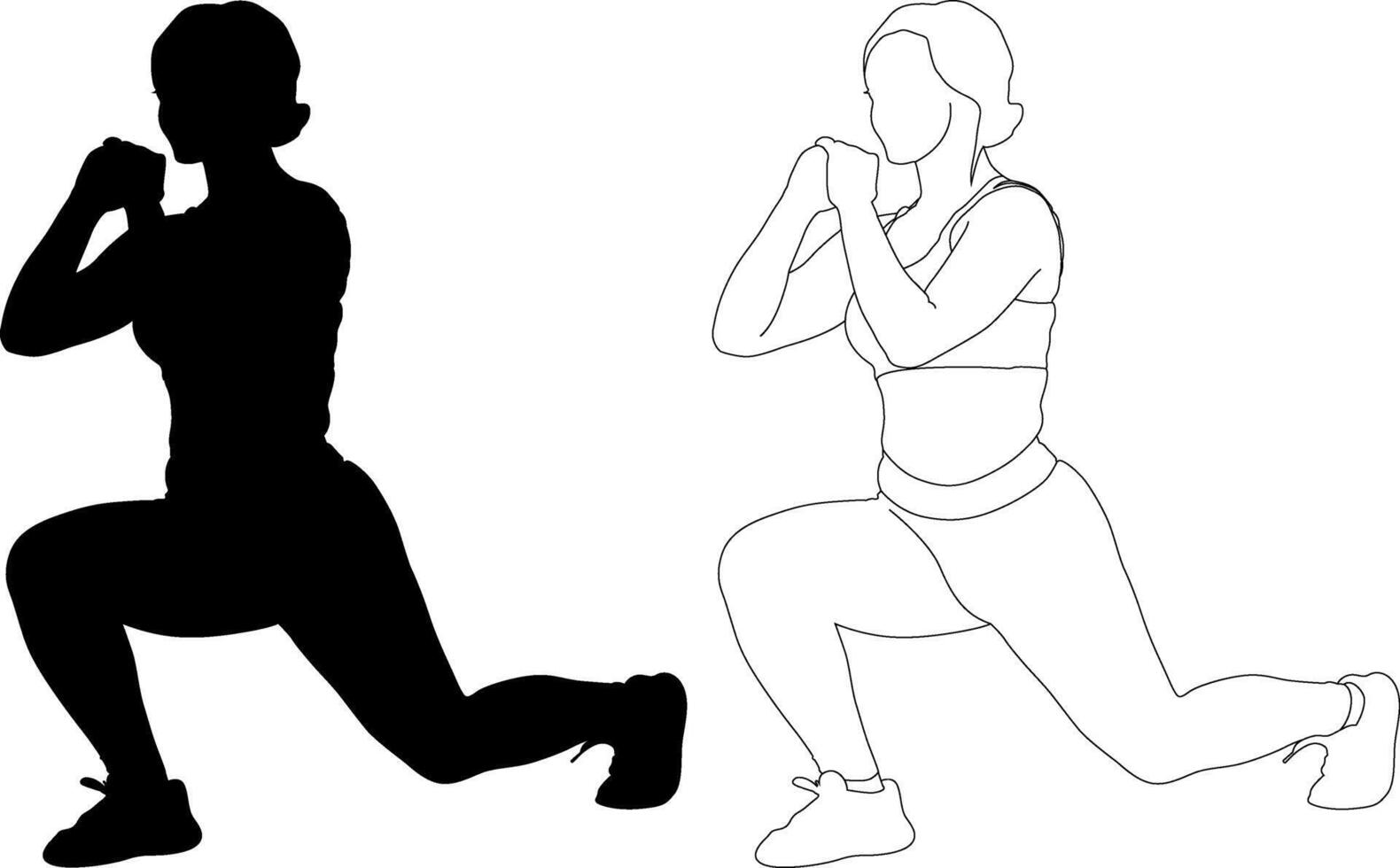 Woman Performing Lunge Exercise Silhouette and Line Art vector