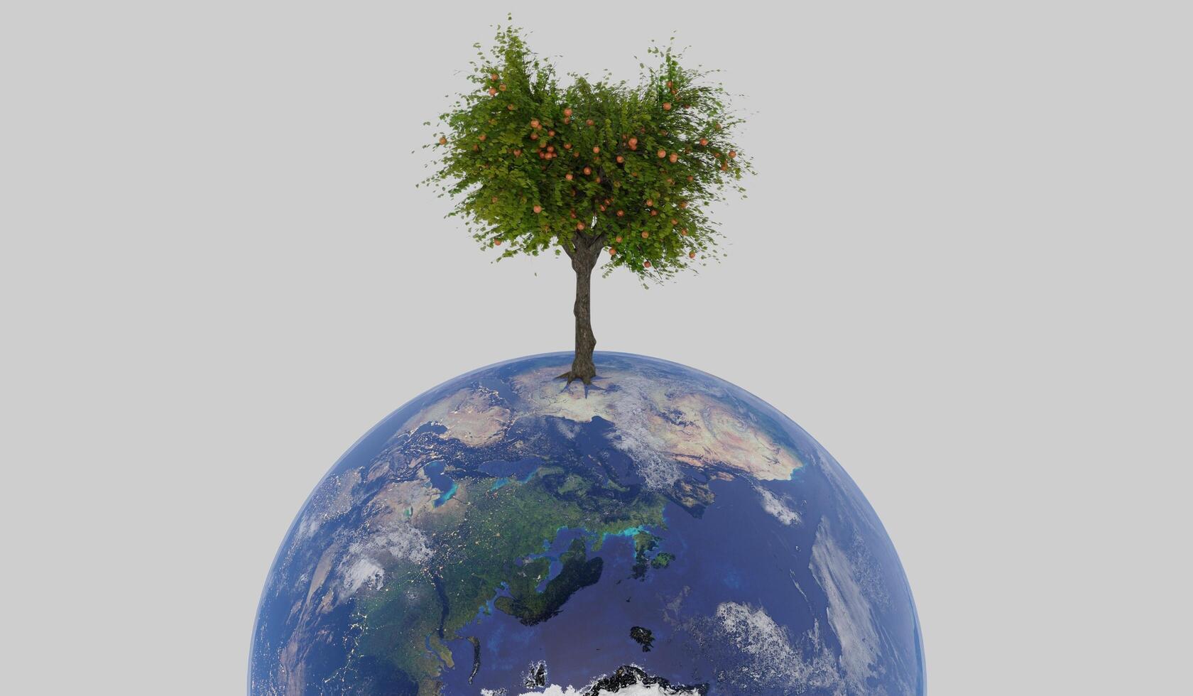 Tree grows on the globe, concept of natural resource conservation, love the world, 3D illustration photo