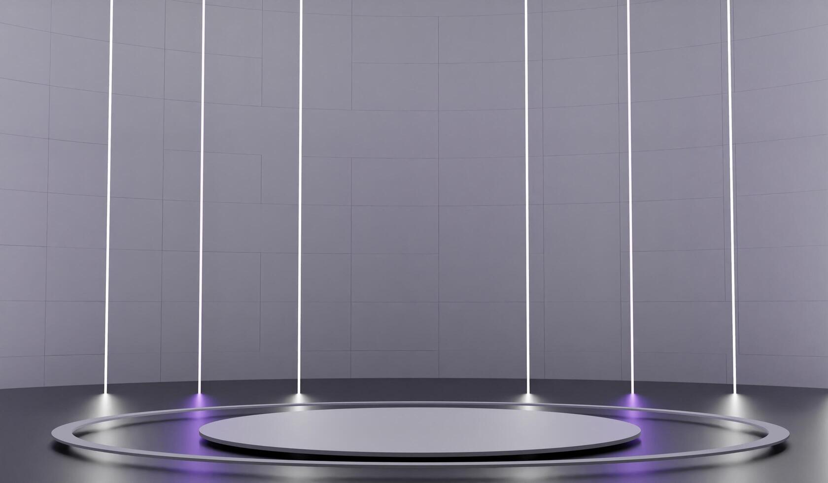 Round podium with neon light sticks, stage, modern showroom, photo