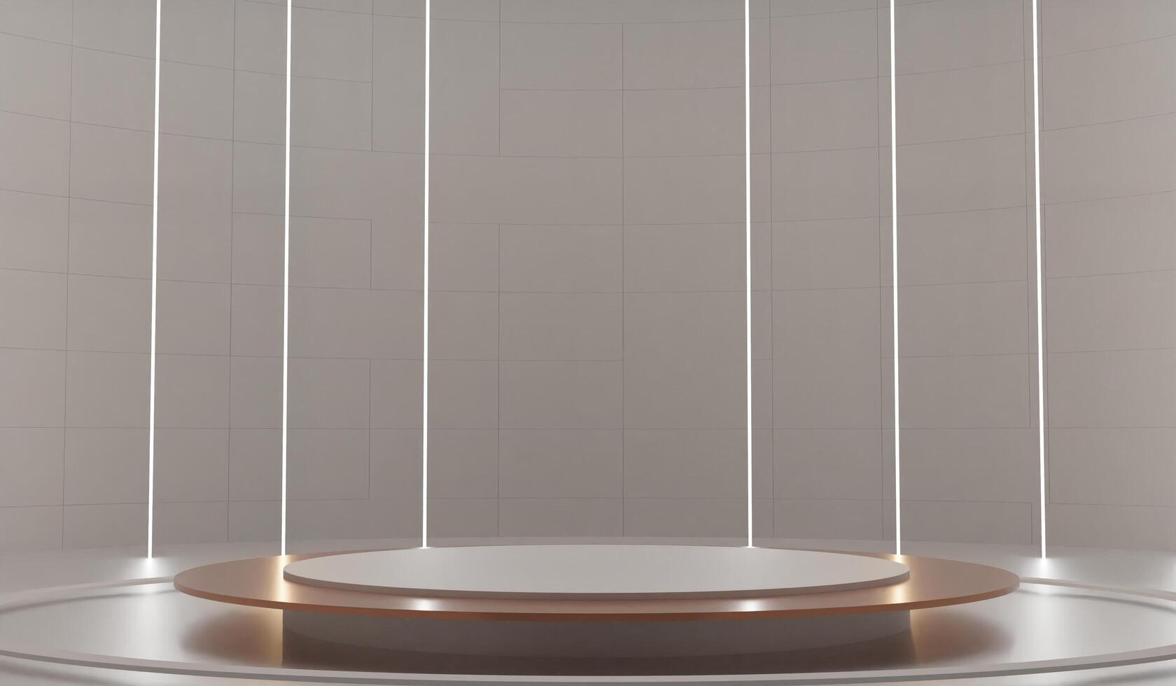 Round podium with neon light sticks, stage, modern showroom, 3D photo