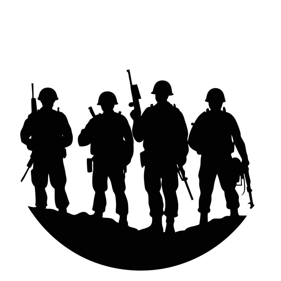Silhouette soldiers holding rifles on curved ground helmets standing vector