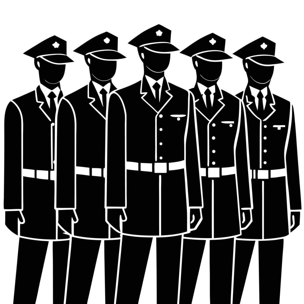 Five men in formal uniforms standing together black white vector