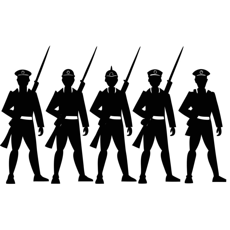 Five soldiers standing with rifles military uniform vector