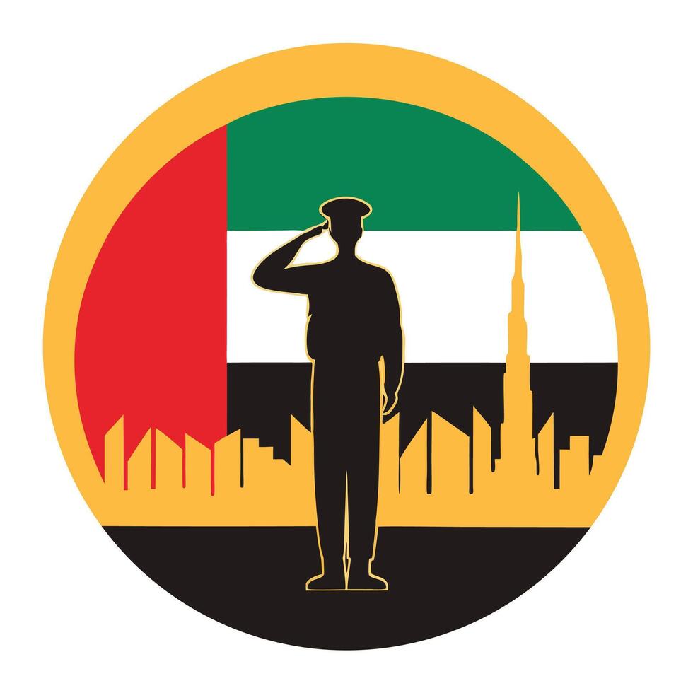Soldier saluting against U A E flag and cityscape silhouette uniform vector
