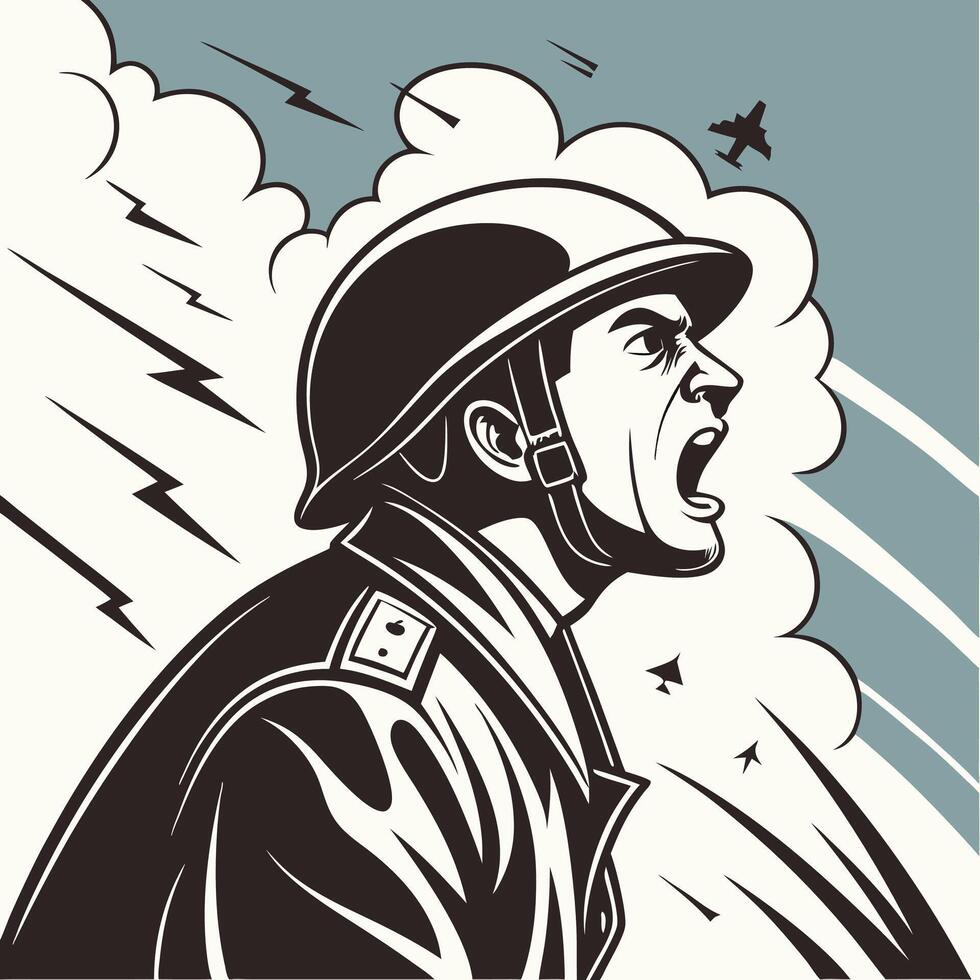 Soldier shouting amidst battle helmet uniform vector