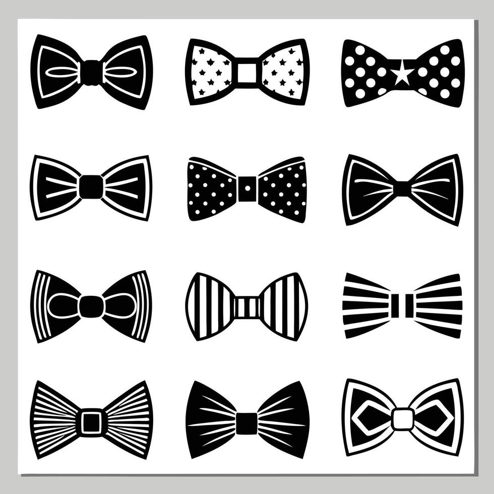 Sixteen Black and White Bow Tie Silhouettes Collection Various Patterns Stripes Polka Dots Stars 2 vector