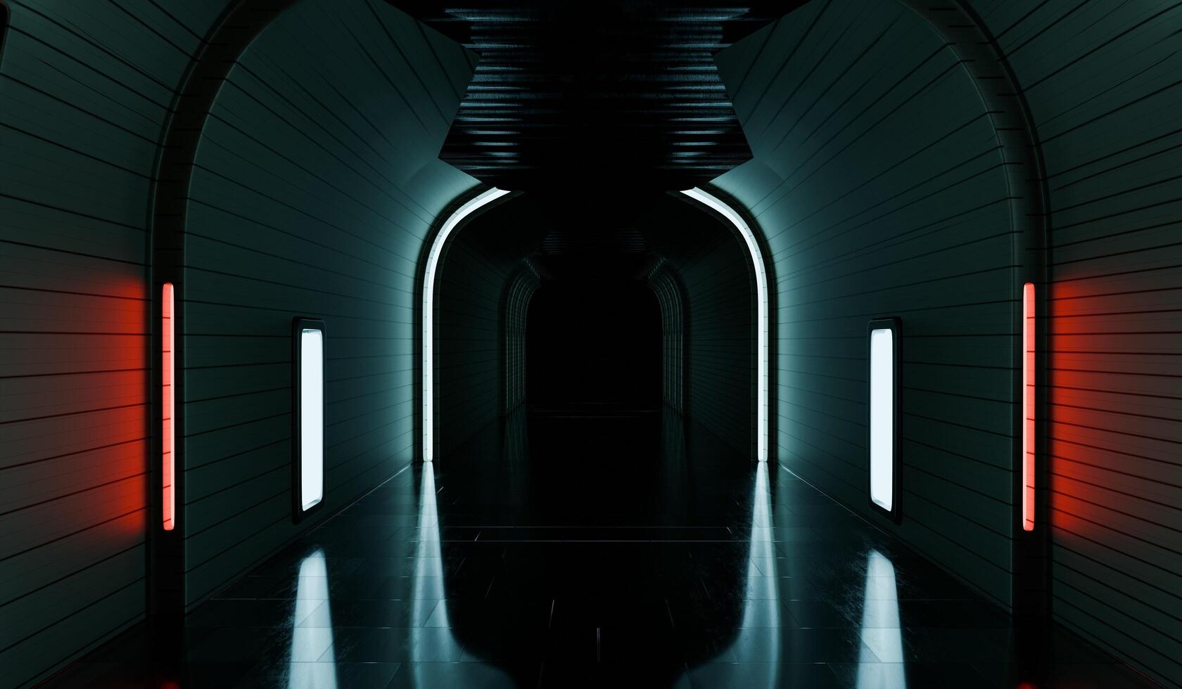 Tunnel, corridor with neon lights, hallway to neon, 3D illustration photo