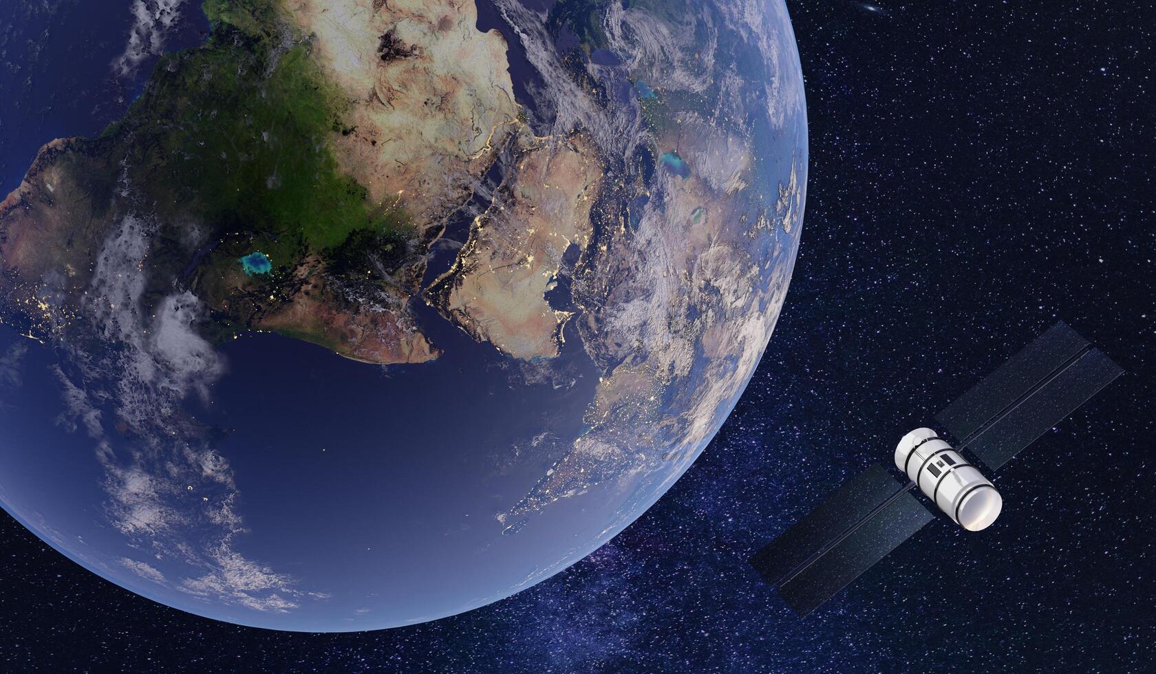 Satellite floating in orbit of the earth Remote communication. Background, technology. 3D illustration. photo