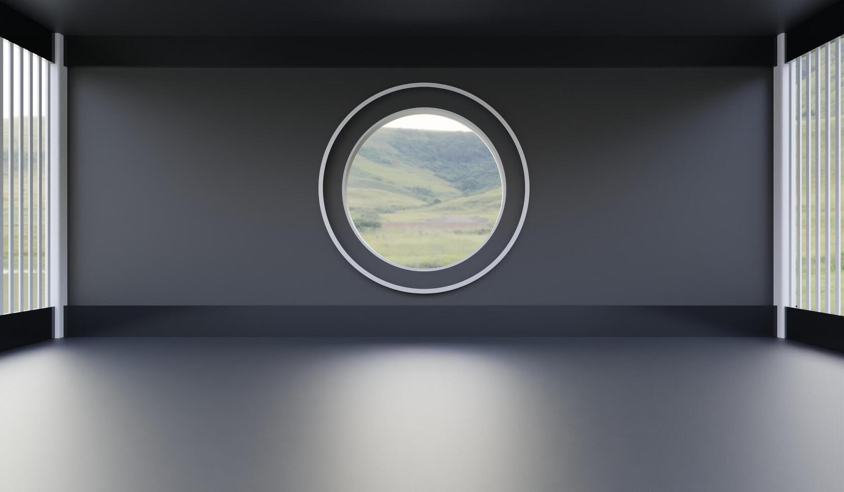 Room with natural background, through a circular glass, square room, beautiful view, 3D illustration photo