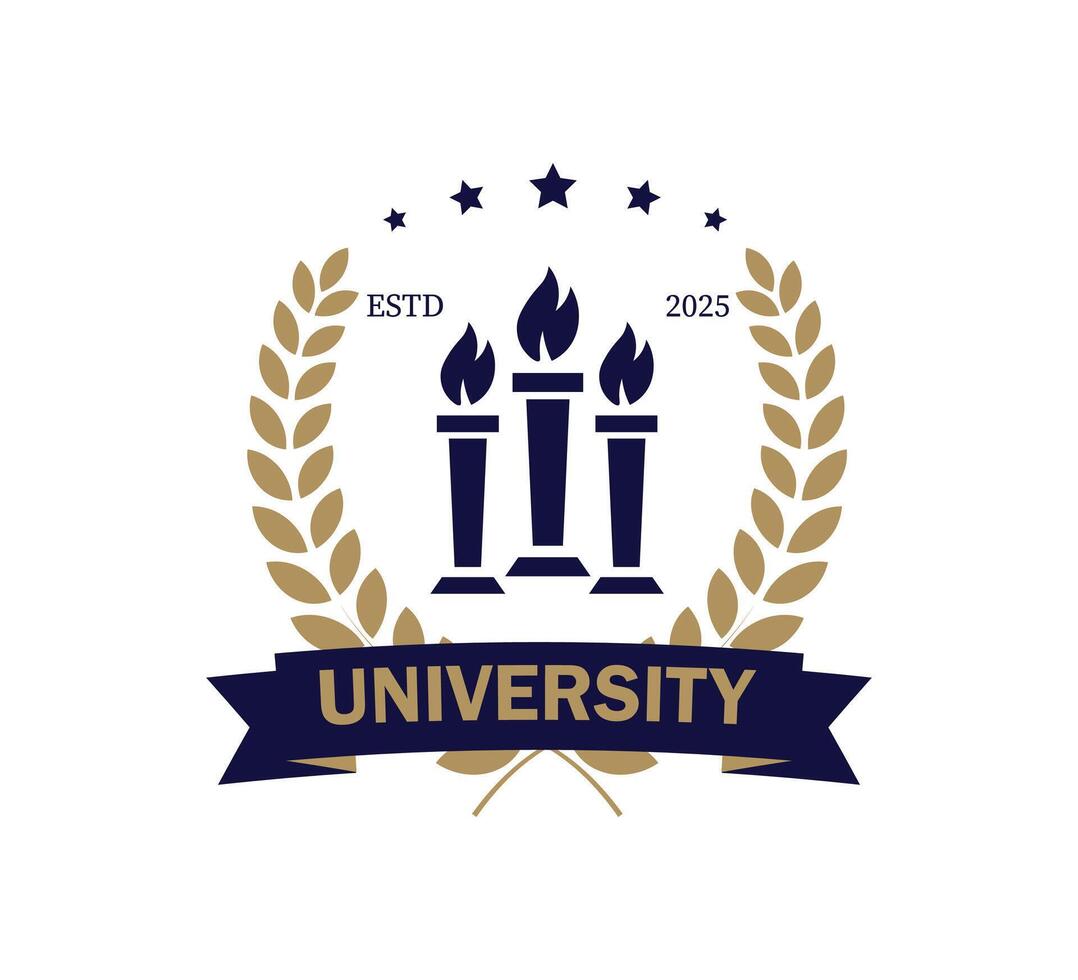 This logo showcases a modern design with three flames representing knowledge, surrounded by a laurel wreath symbolizing achievement. It is an emblem for a new educational institution. vector