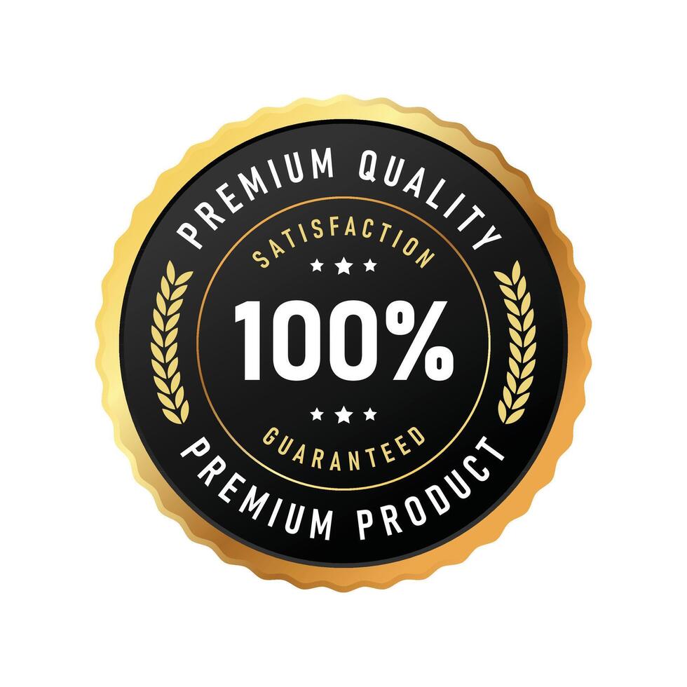 This logo design showcases a round badge emphasizing premium quality and satisfaction guarantee with elegant gold laurels. Ideal for branding and promotional use. vector