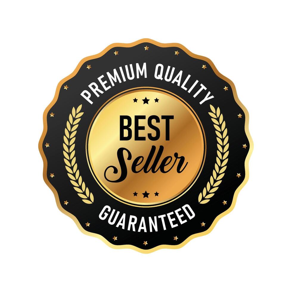 Stylish logo design highlighting premium quality with a best seller tag. The gold emblem includes elegant wreath details, conveying trust and assurance. Ideal for branding and marketing materials. vector
