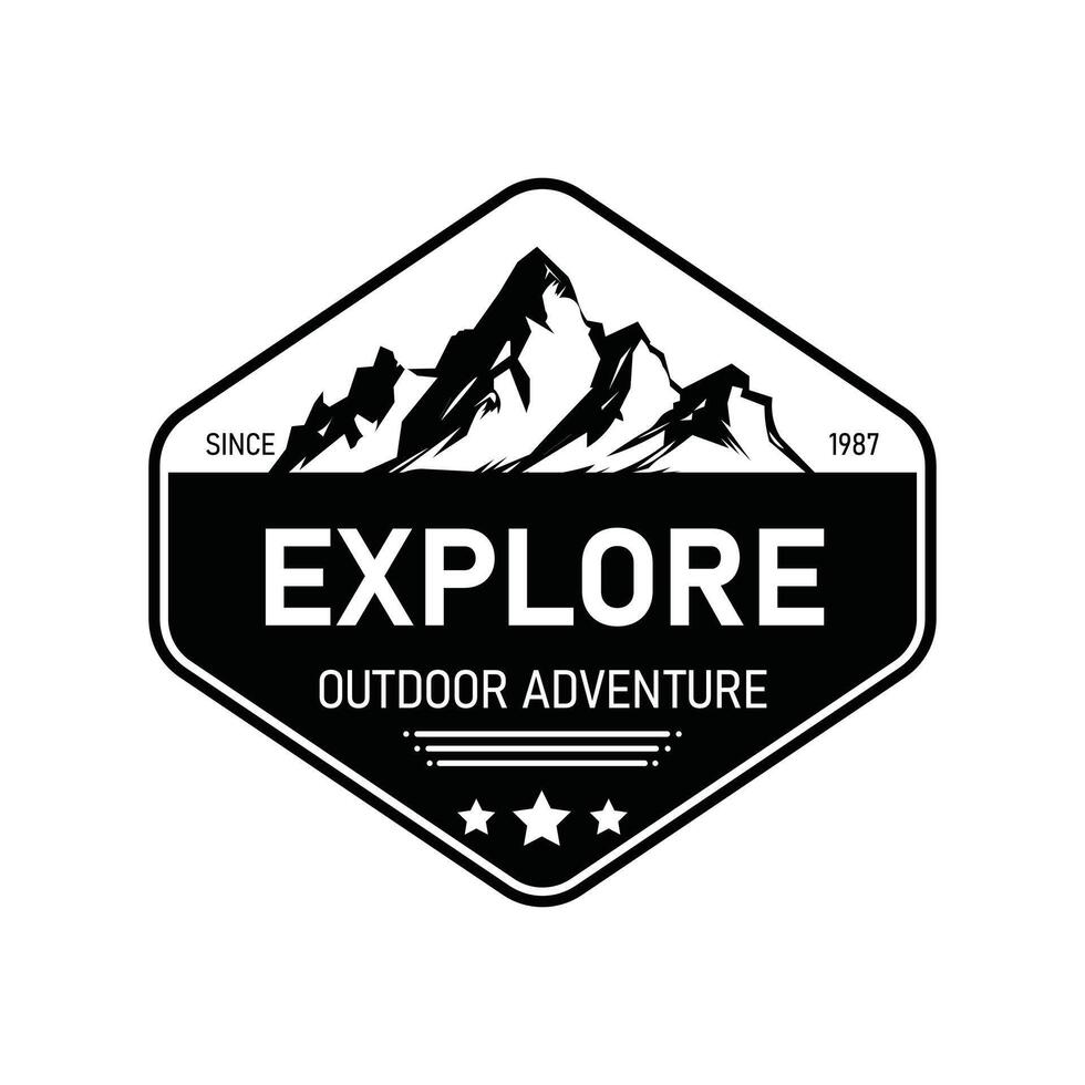 Logo showcases the word Explore below stylized mountains, designed for outdoor adventure branding. The minimalistic style enhances versatility for various applications. vector