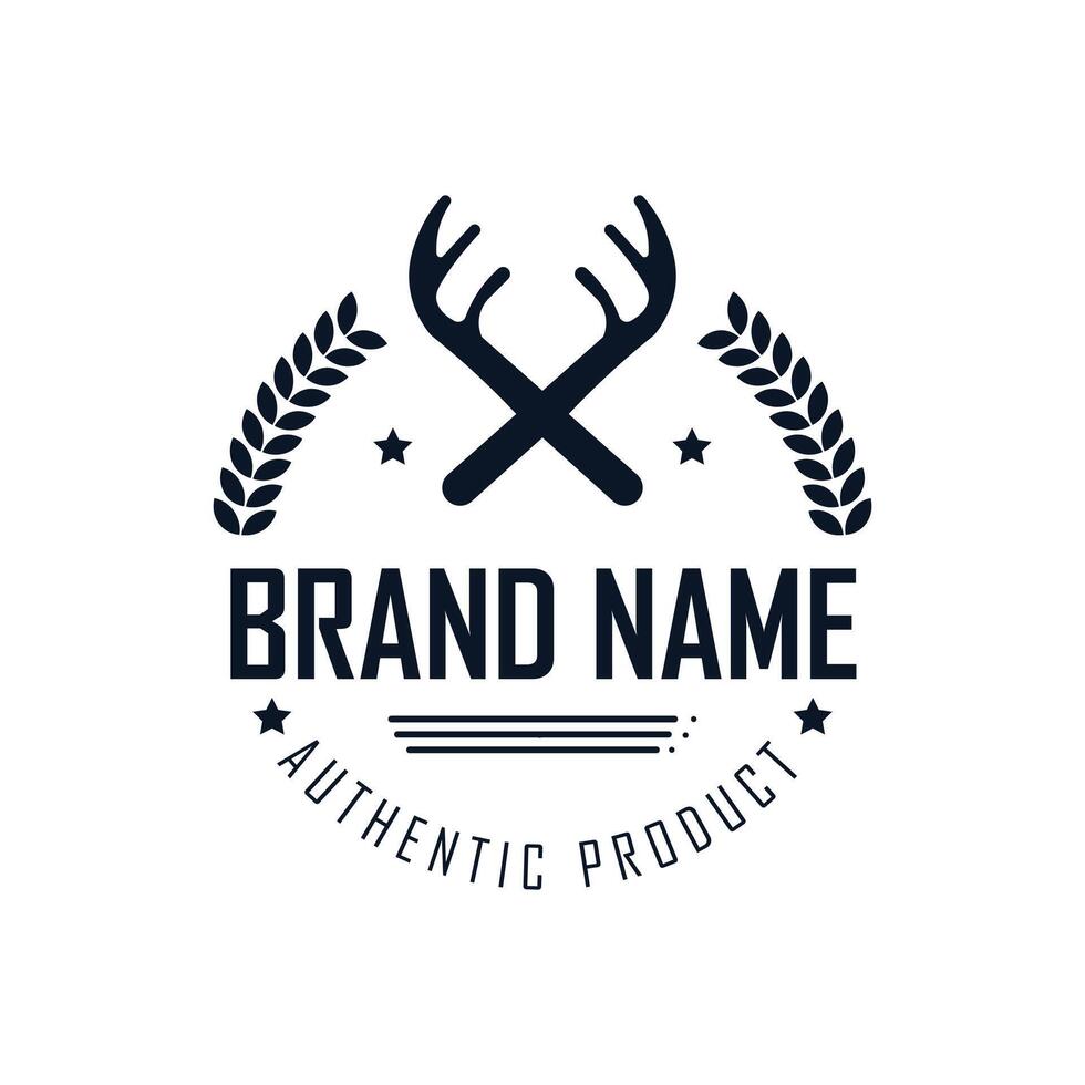 A stylized logo showcases two crossed antlers surrounded by laurel leaves, emphasizing authenticity for a product brand. Designed in a clean, minimalist style, it embodies modern branding. vector