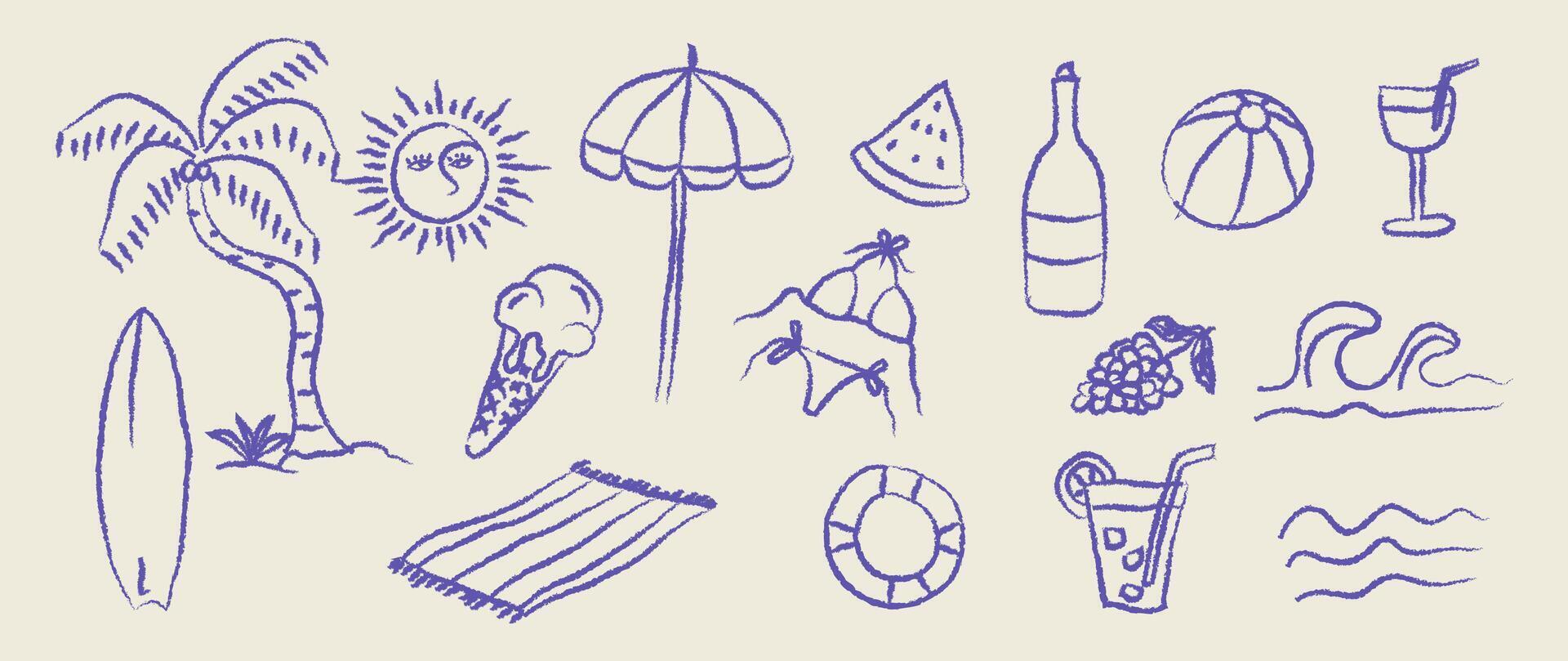 Vintage doodle elements hand drawn Italian Greek summer vacation illustrations. vector