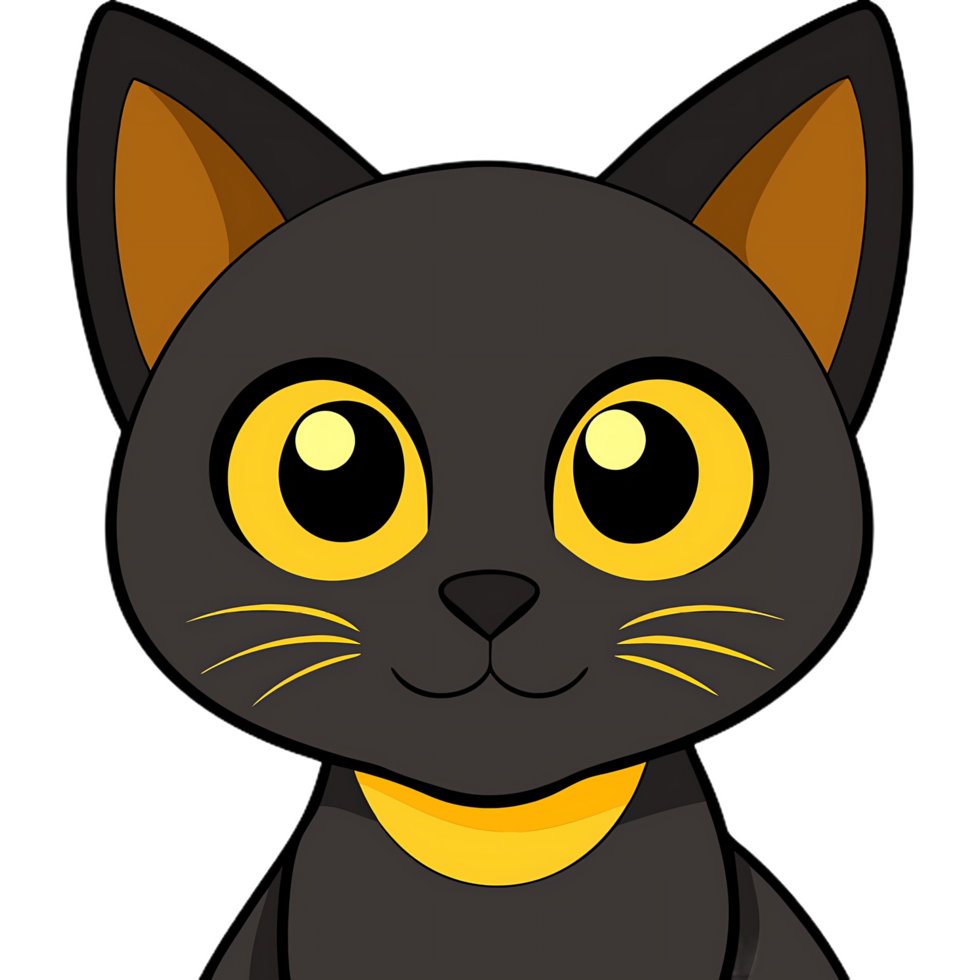 Cute black cat with large yellow eyes and friendly expression wearing yellow collar depicted cartoon style with pointed ears and whiskers set against plain background conveying playfulness png
