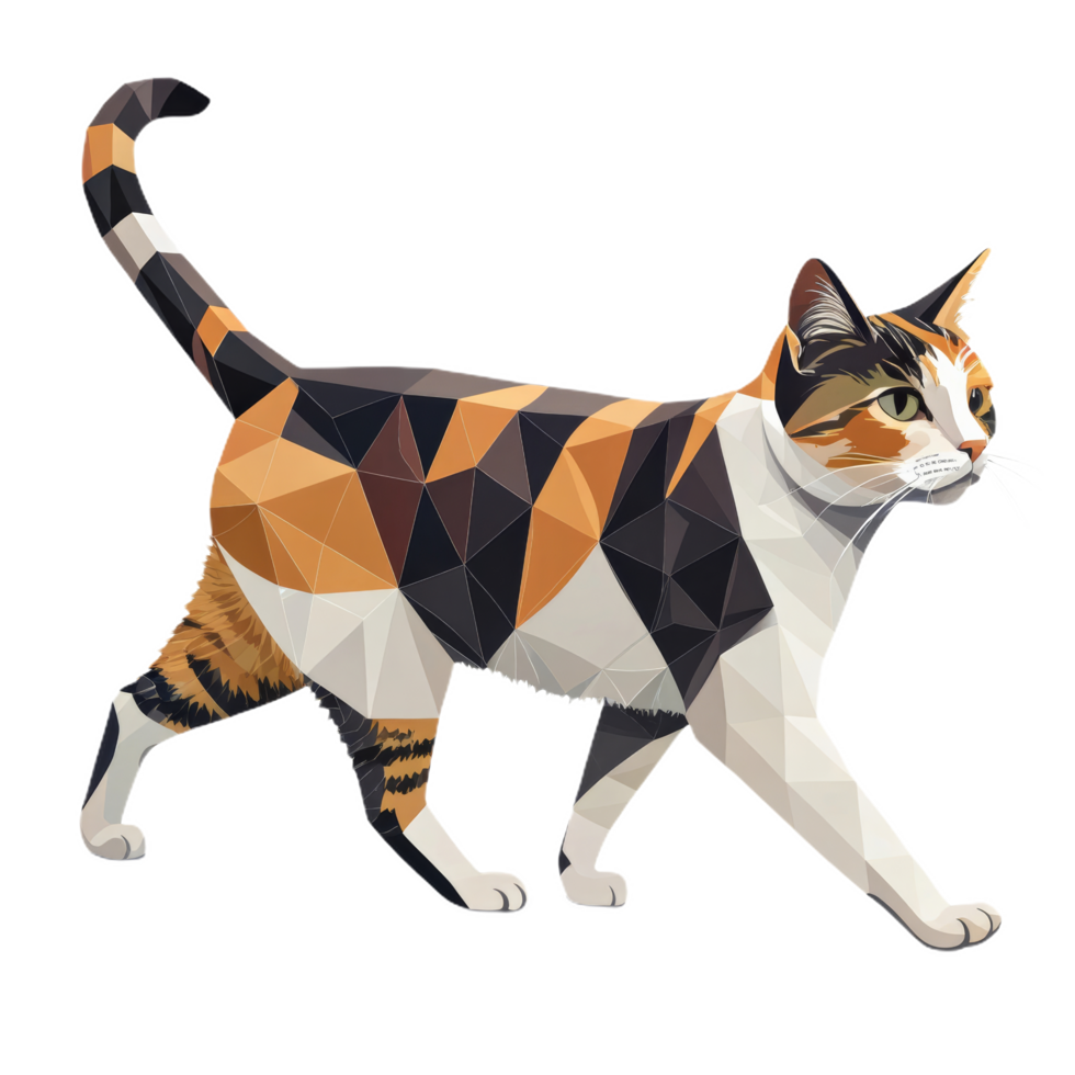 Geometric illustration of calico cat walking with confidence, showcasing vibrant colors and detailed patterns, emphasizing feline graceful movement and striking appearance png