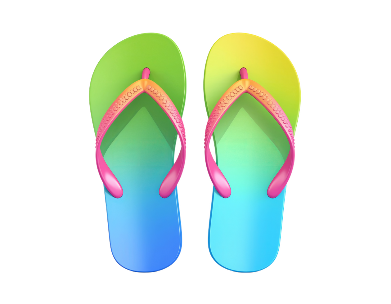Colorful flip flops with gradient shades of green yellow blue and pink isolated transparency background casual summer footwear bright and cheerful lightweight and comfortable suitable for beach png