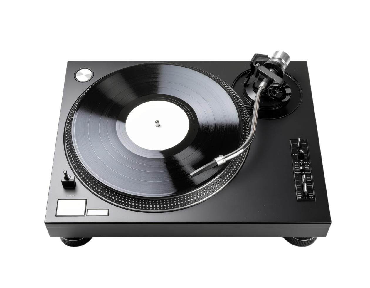Turntable with vinyl record on it, featuring tonearm and control buttons, set against transparency background, capturing music playing device with sleek design and metallic components png