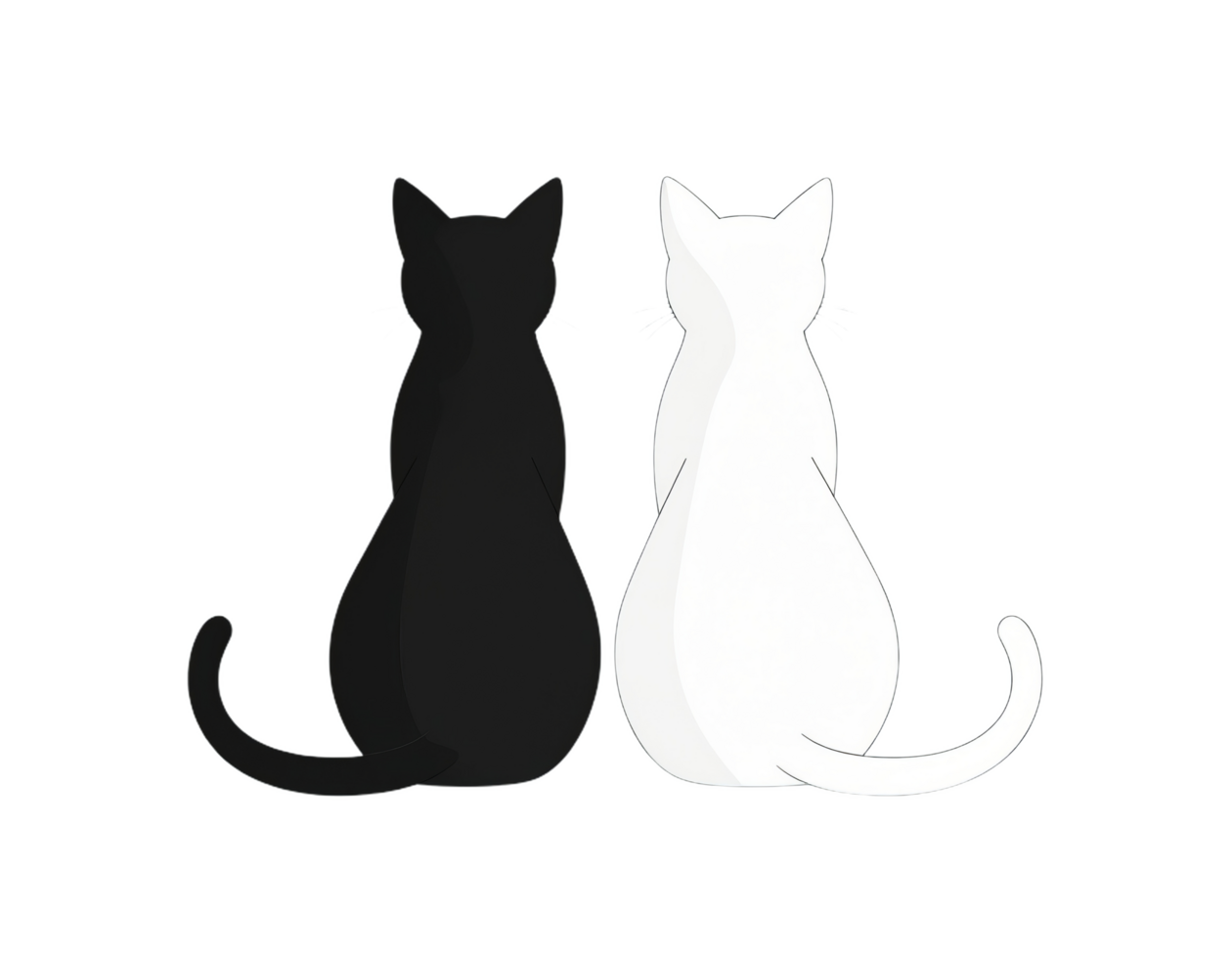 Two cats sitting side by side, one black and one white, viewed from behind with tails curled, creating peaceful and harmonious scene, emphasizing contrast and companionship png