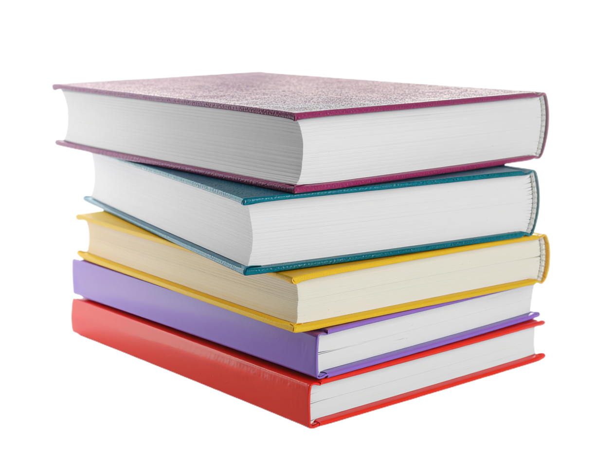Stack of colorful hardcover books on transparency background, arranged in neat pile, with vibrant covers and white pages visible, evoking sense of learning and knowledge png